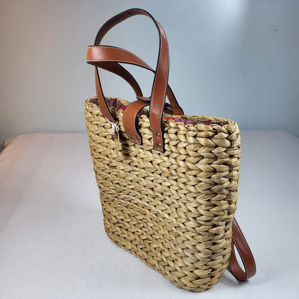 Natural Life Straw Backpack Tote BAG Floral Lined Water Hyacinth Woven Boho NWT